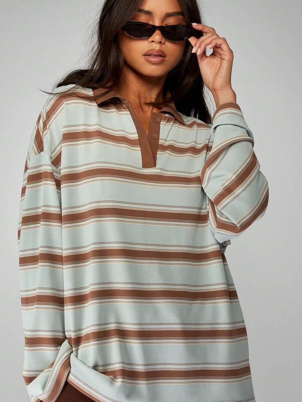 MISSGUIDED Oversized Striped Rugby Polo With Partial Button Placket