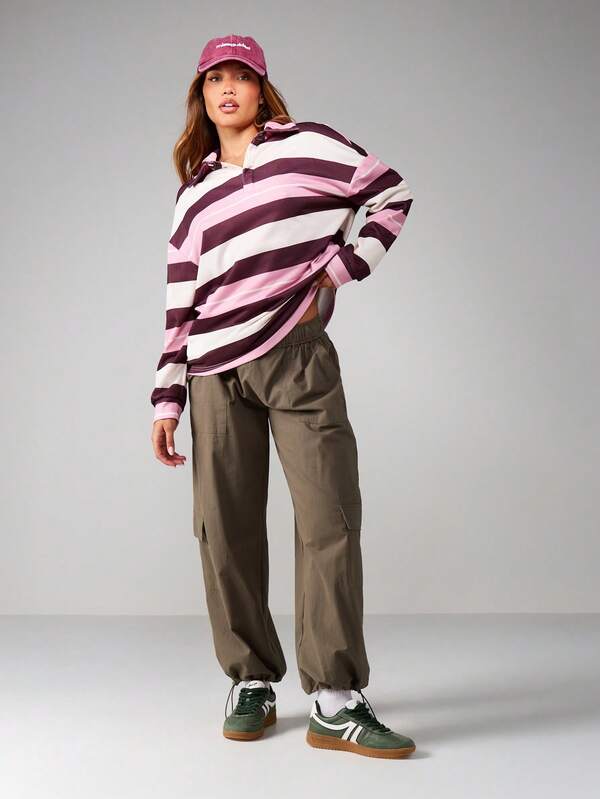 MISSGUIDED Oversized Striped Rugby Sweatshirt With Collar