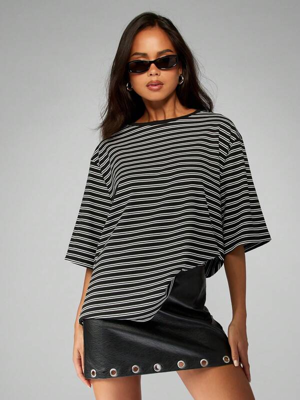 MISSGUIDED Oversized Striped T Shirt With Crew Neck And Short Sleeves