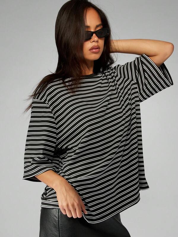 MISSGUIDED Oversized Striped T Shirt With Crew Neck And Short Sleeves