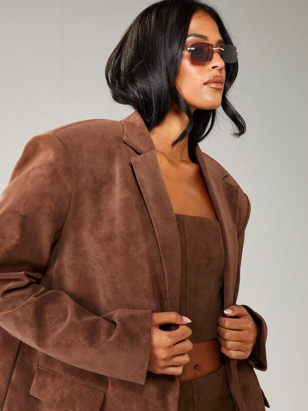 MISSGUIDED Oversized Suede Blazer With Button Closure And Pockets