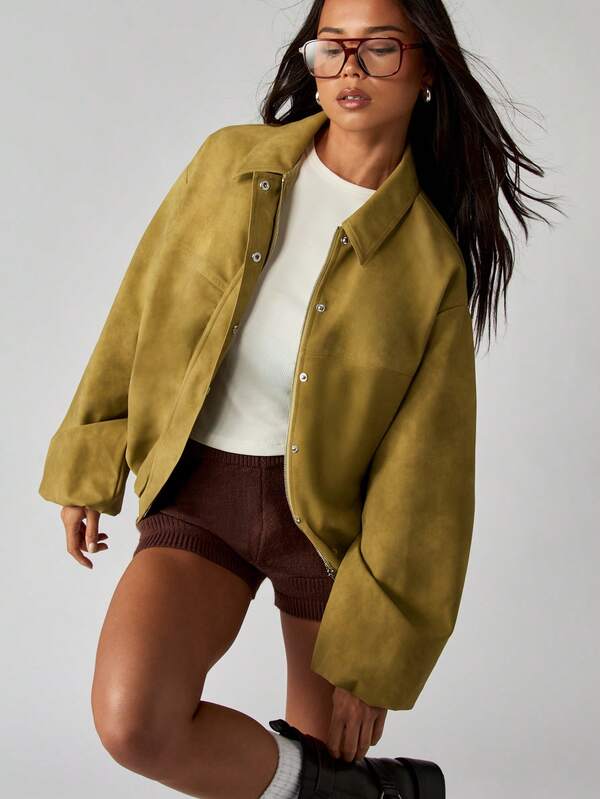 MISSGUIDED Oversized Suede Bomber Jacket With Zip Front