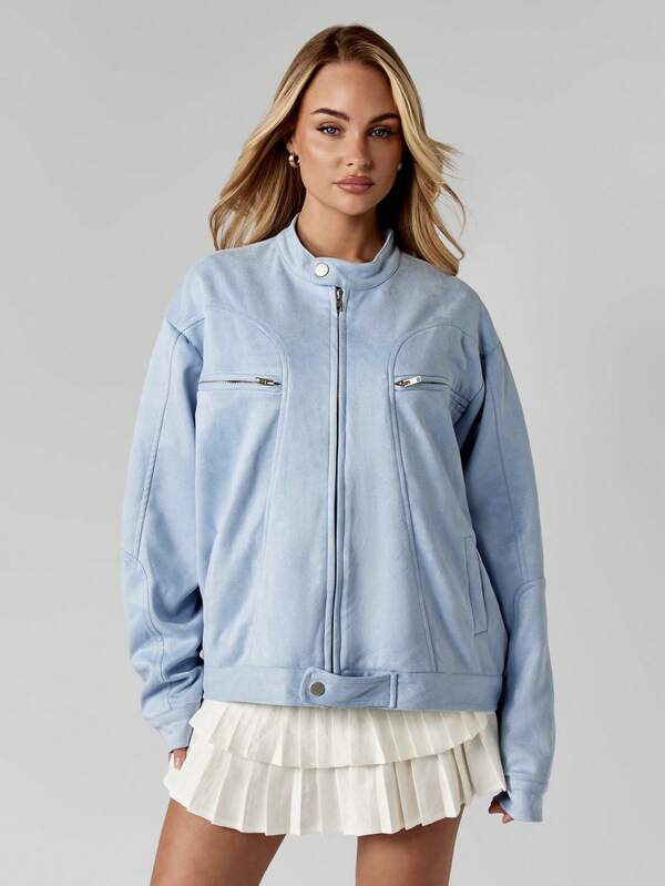 MISSGUIDED Oversized Suede Bomber Jacket With Zip Pockets