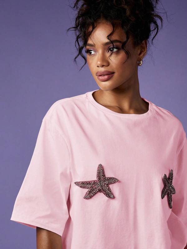 MISSGUIDED Oversized T Shirt With Crystal Starfish Applique