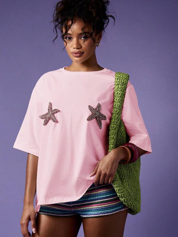 MISSGUIDED Oversized T Shirt With Crystal Starfish Applique