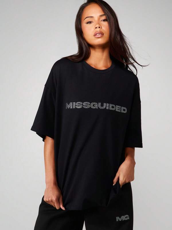 MISSGUIDED Oversized T-Shirt With Rhinestone Logo