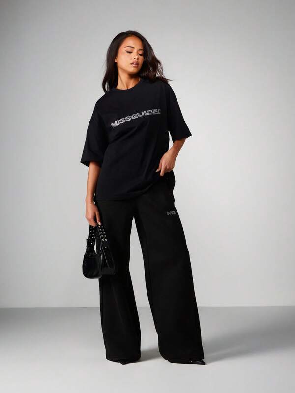 MISSGUIDED Oversized T-Shirt With Rhinestone Logo