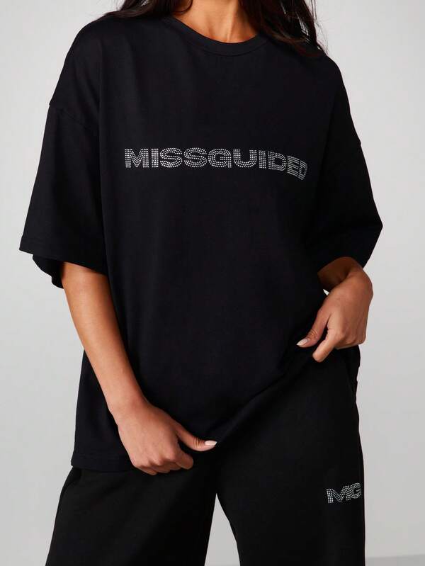 MISSGUIDED Oversized T-Shirt With Rhinestone Logo