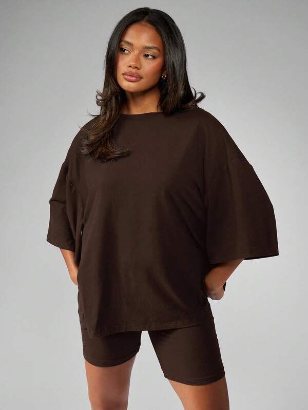 MISSGUIDED Oversized Tee And Biker Shorts Set With Wide Sleeves