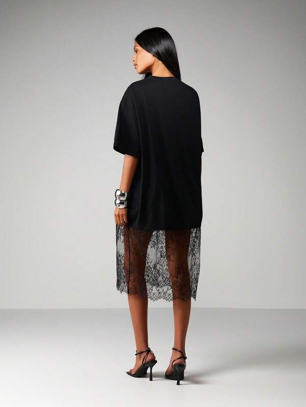 MISSGUIDED Oversized Tee Dress With Lace Hem