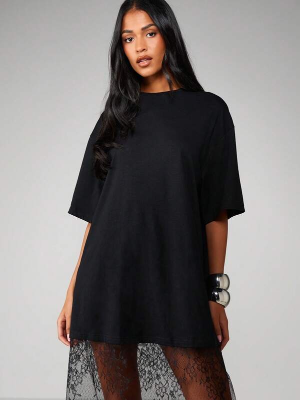 MISSGUIDED Oversized Tee Dress With Lace Hem