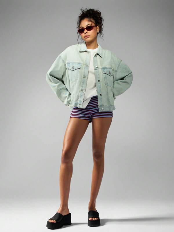 MISSGUIDED Oversized Trucker Denim Jacket 90s Vintage Style Light Mint Wash