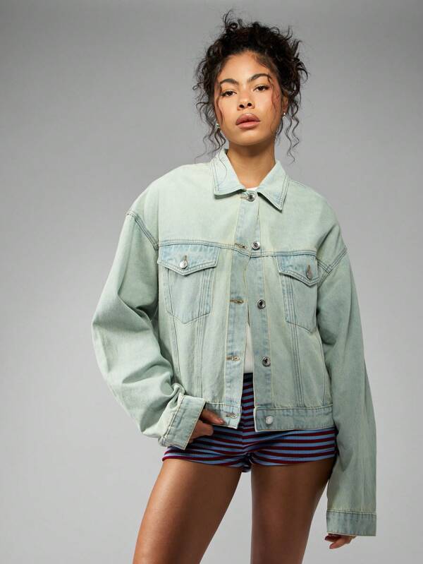 MISSGUIDED Oversized Trucker Denim Jacket 90s Vintage Style Light Mint Wash