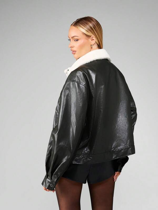 MISSGUIDED Oversized Trucker Jacket With Sherpa Collar And Faux Leather