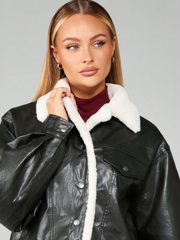 MISSGUIDED Oversized Trucker Jacket With Sherpa Collar And Faux Leather