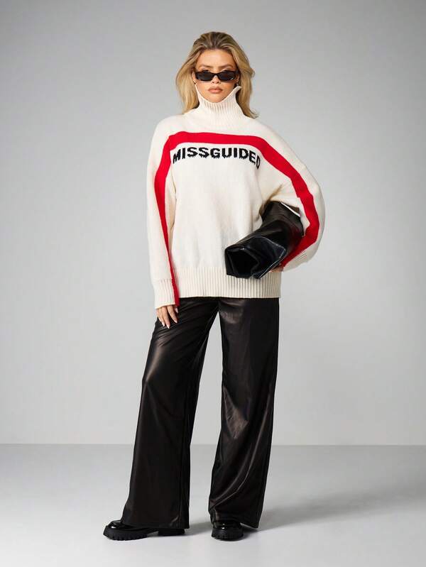 MISSGUIDED Oversized Turtleneck Sweater With Contrast Striping