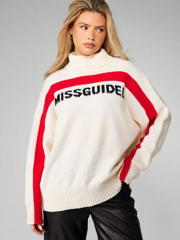 MISSGUIDED Oversized Turtleneck Sweater With Contrast Striping