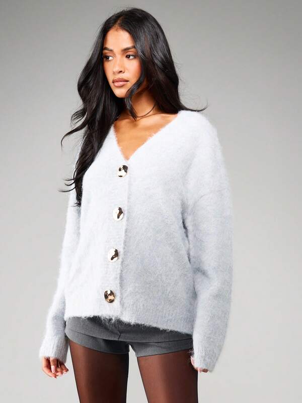 MISSGUIDED Oversized V-Neck Cardigan With Gold Buttons