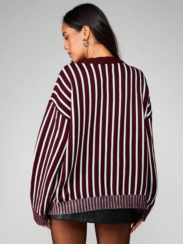 MISSGUIDED Oversized V-Neck Striped Knit Sweater