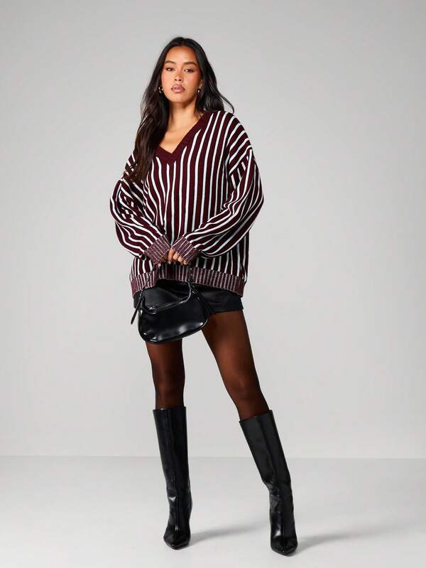 MISSGUIDED Oversized V-Neck Striped Knit Sweater
