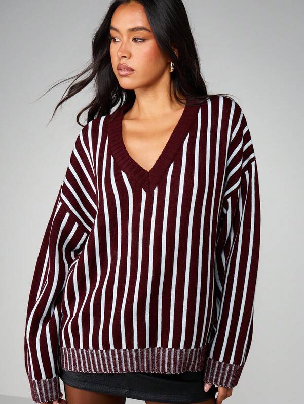 MISSGUIDED Oversized V-Neck Striped Knit Sweater