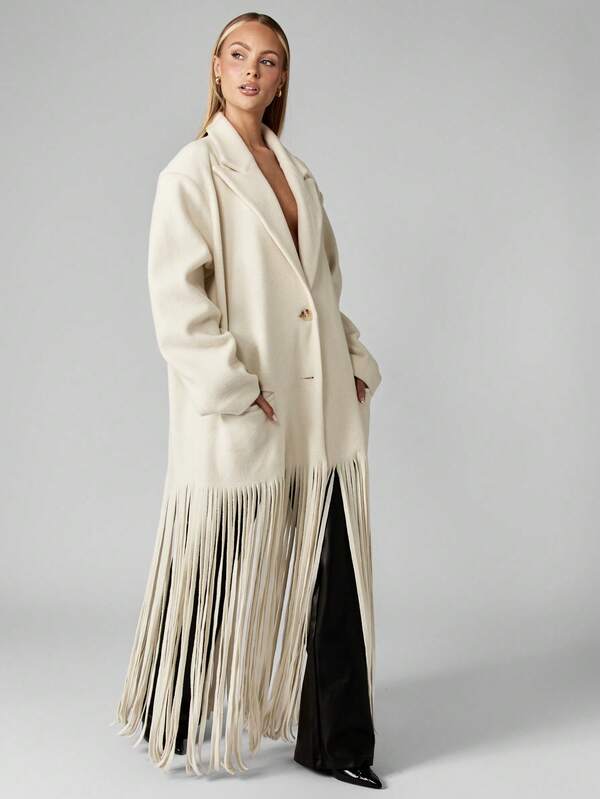 MISSGUIDED Oversized Wool Blend Coat With Floor Length Fringe Detail