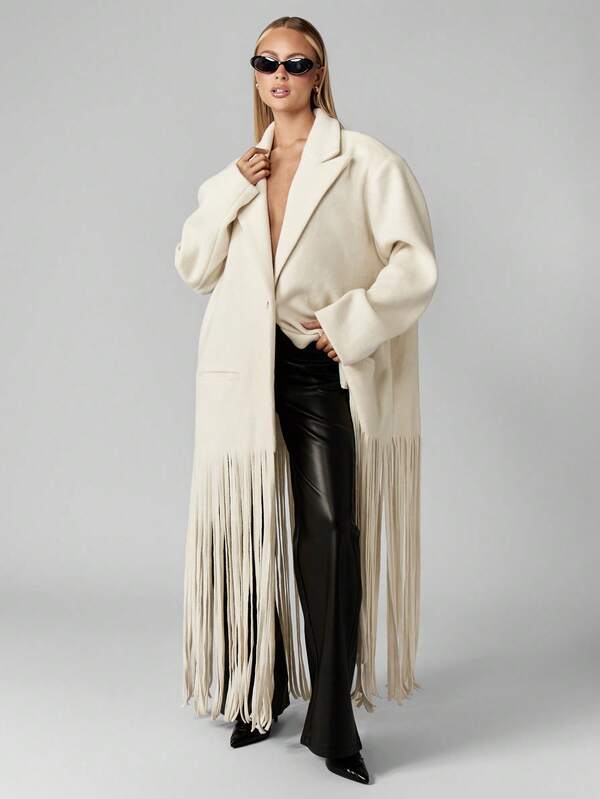 MISSGUIDED Oversized Wool Blend Coat With Floor Length Fringe Detail