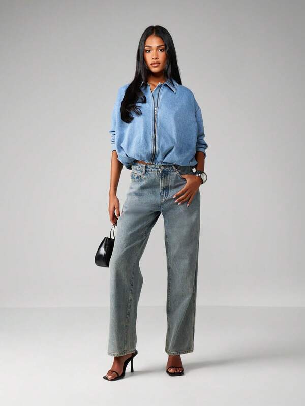 MISSGUIDED Oversized Zip Front Denim Jacket
