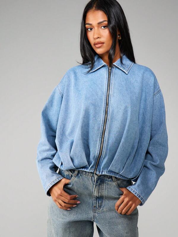 MISSGUIDED Oversized Zip Front Denim Jacket