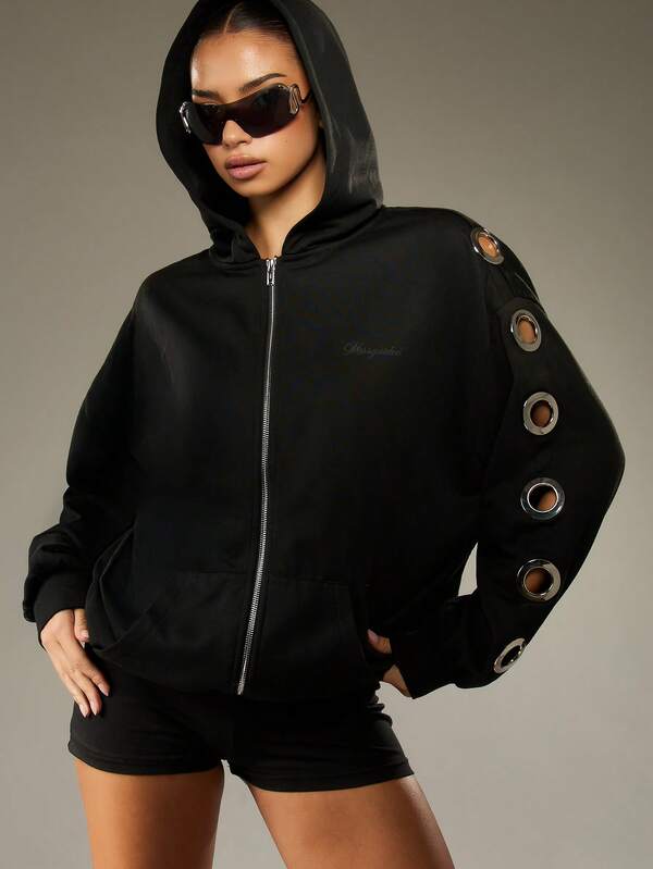 MISSGUIDED Oversized Zip Through Hoodie With Eyelet Details