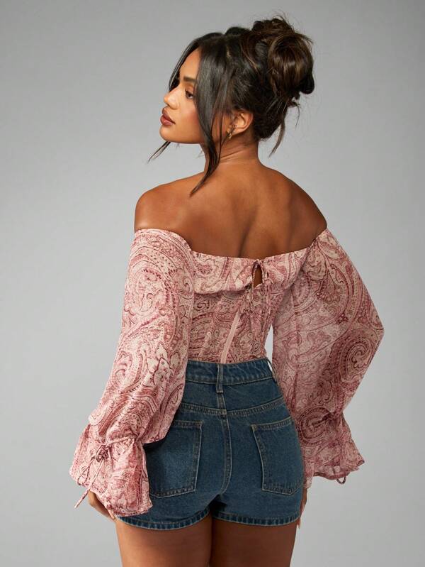 MISSGUIDED Paisley Chiffon Bardot Corset Puff Sleeve Boho Cottage Core Blouse