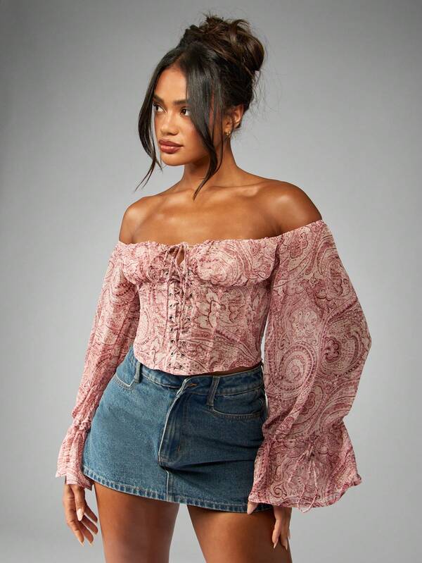 MISSGUIDED Paisley Chiffon Bardot Corset Puff Sleeve Boho Cottage Core Blouse