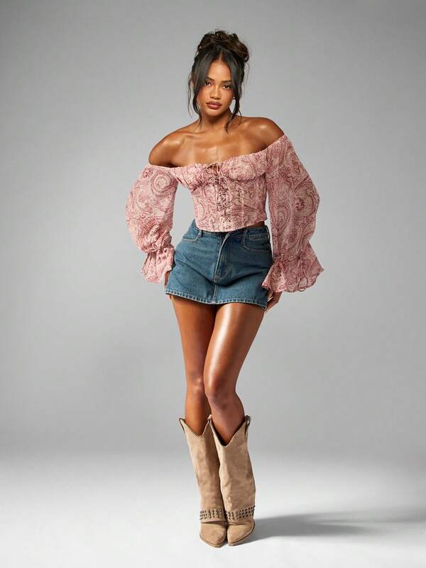 MISSGUIDED Paisley Chiffon Bardot Corset Puff Sleeve Boho Cottage Core Blouse