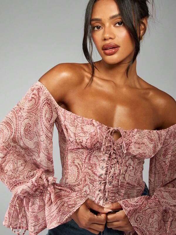 MISSGUIDED Paisley Chiffon Bardot Corset Puff Sleeve Boho Cottage Core Blouse