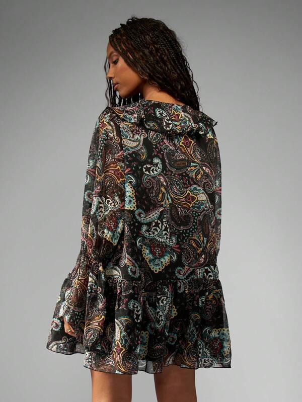 MISSGUIDED Paisley Print Chiffon Long Sleeve Ruffle V-Neck Mini Dress