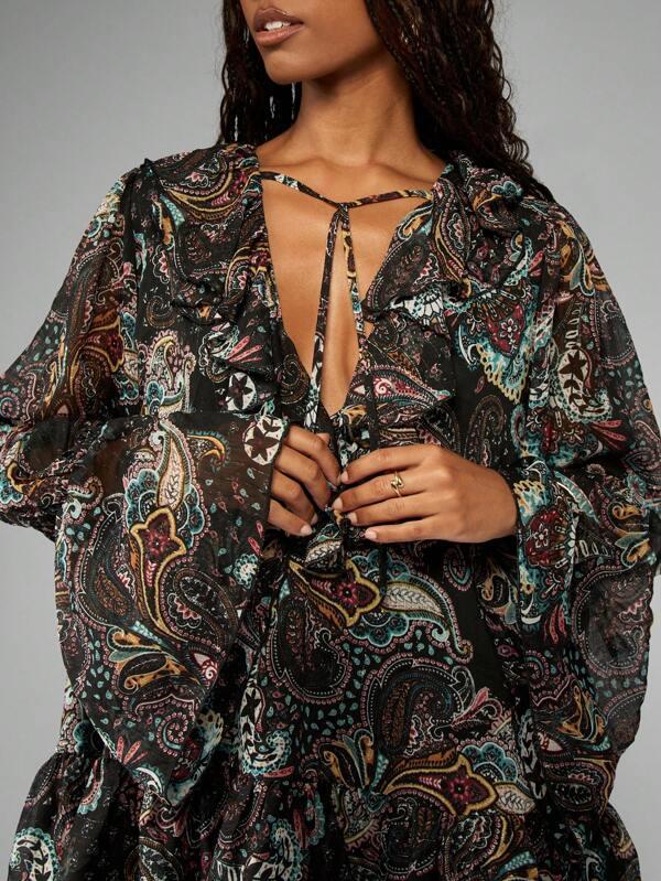 MISSGUIDED Paisley Print Chiffon Long Sleeve Ruffle V-Neck Mini Dress