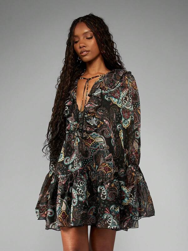MISSGUIDED Paisley Print Chiffon Long Sleeve Ruffle V-Neck Mini Dress