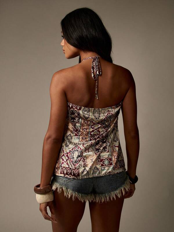 MISSGUIDED Paisley Print Cross Halter Neck Sleeveless Crop Top
