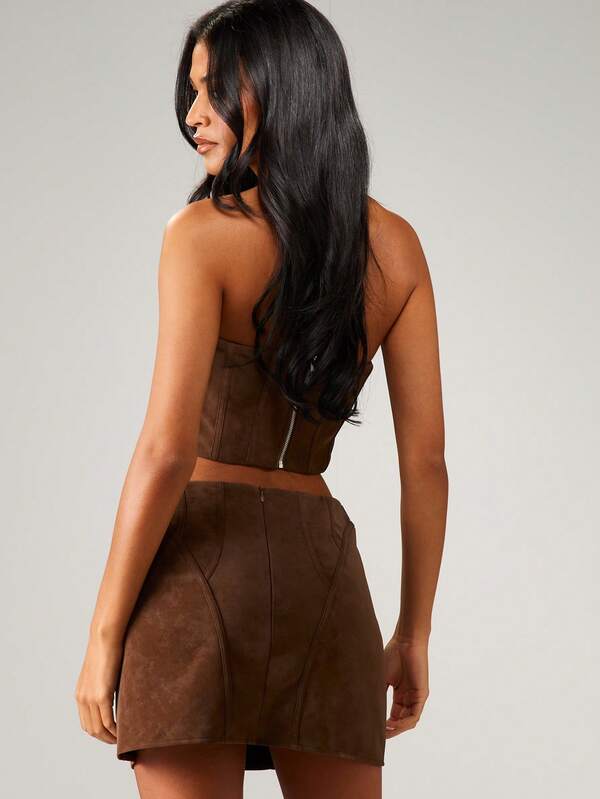 MISSGUIDED Paneled Suede Mini Skirt With Corset Design