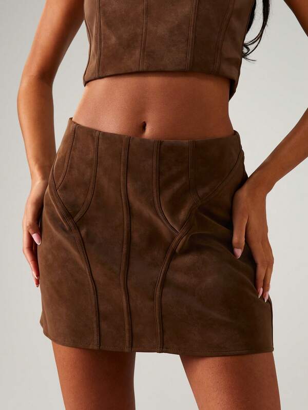 MISSGUIDED Paneled Suede Mini Skirt With Corset Design