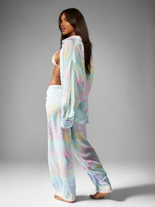 MISSGUIDED Pastel Coral Print Loungewear Two Piece Outfits With Button Down Shirt Wide Leg Pants