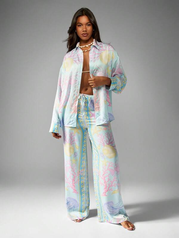 MISSGUIDED Pastel Coral Print Loungewear Two Piece Outfits With Button Down Shirt Wide Leg Pants