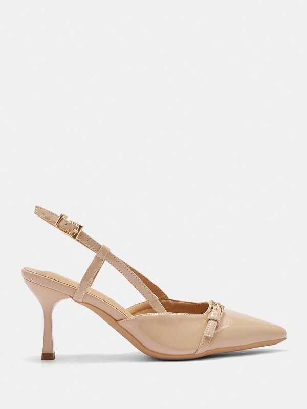MISSGUIDED Patent Leather Pointed Toe Slingback Pumps Kitten Heel Buckle Detailed