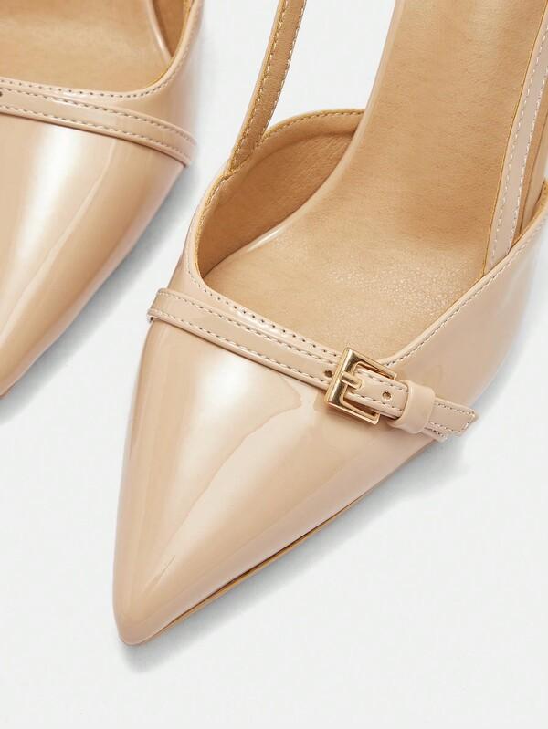 MISSGUIDED Patent Leather Pointed Toe Slingback Pumps Kitten Heel Buckle Detailed