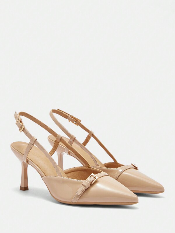 MISSGUIDED Patent Leather Pointed Toe Slingback Pumps Kitten Heel Buckle Detailed