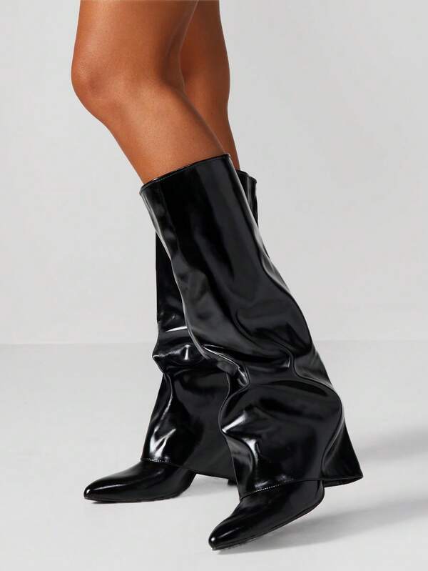 MISSGUIDED Patent Leather Slouchy Knee High Boots With Block Heel