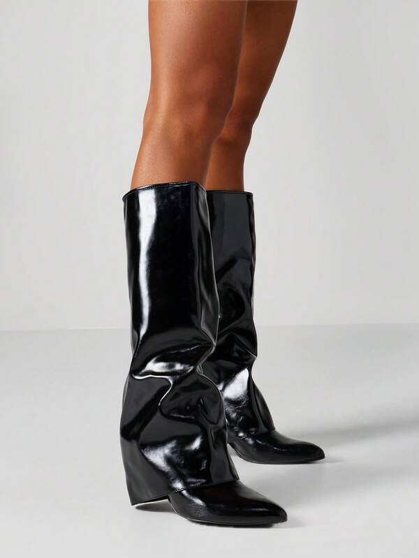 MISSGUIDED Patent Leather Slouchy Knee High Boots With Block Heel