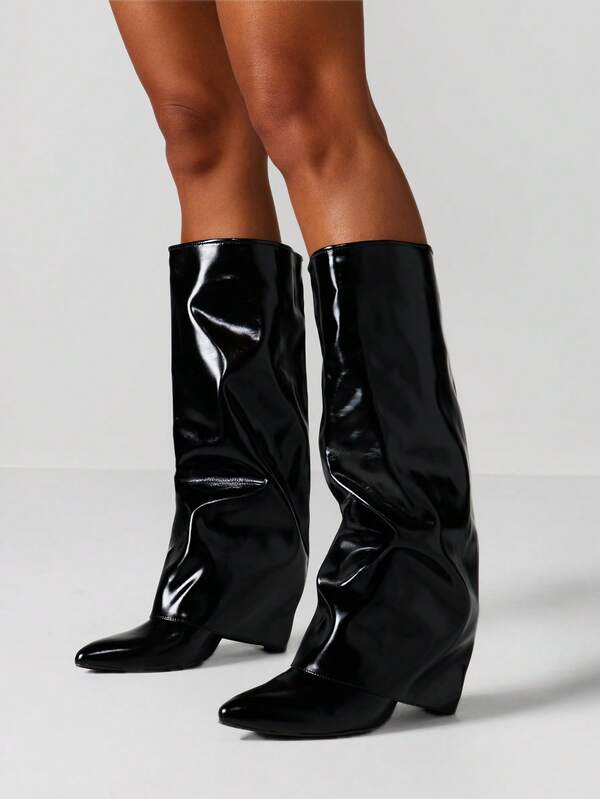 MISSGUIDED Patent Leather Slouchy Knee High Boots With Block Heel