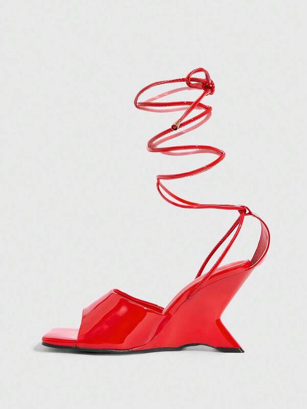 MISSGUIDED Patent Platform Wedge Sandals With Spiral Strap