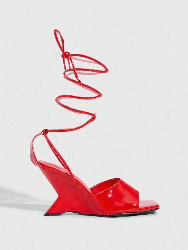 MISSGUIDED Patent Platform Wedge Sandals With Spiral Strap
